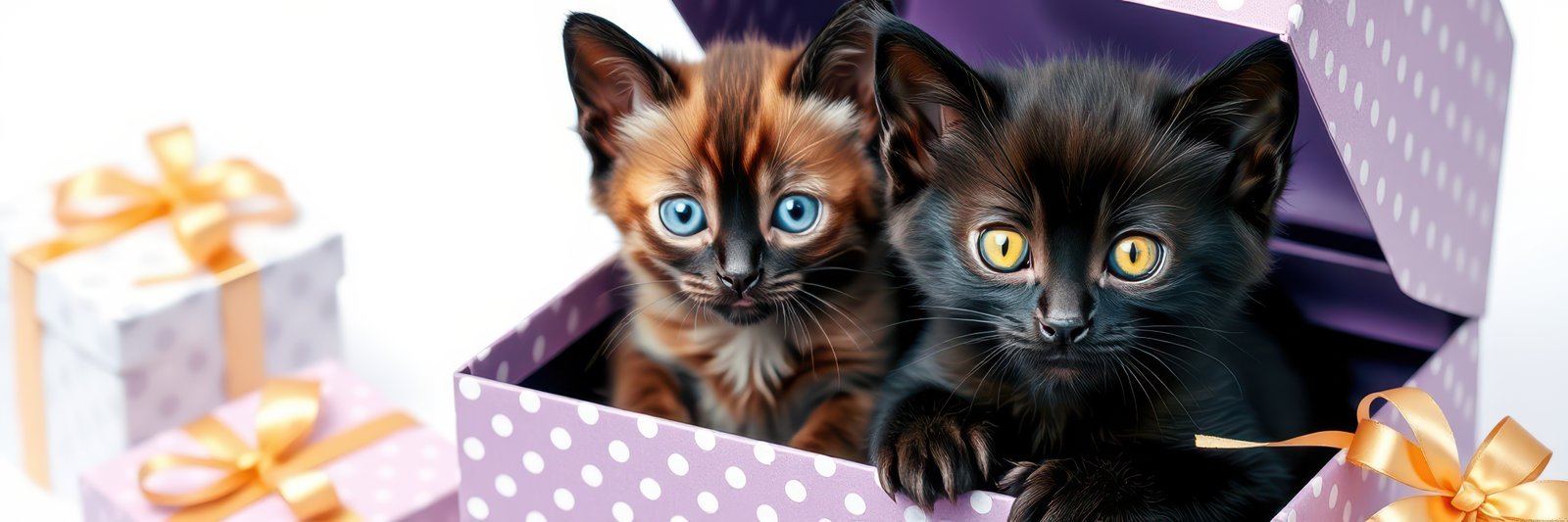 Kittens playing in a gift box with colorful wrapping and ribbons during a festive celebration